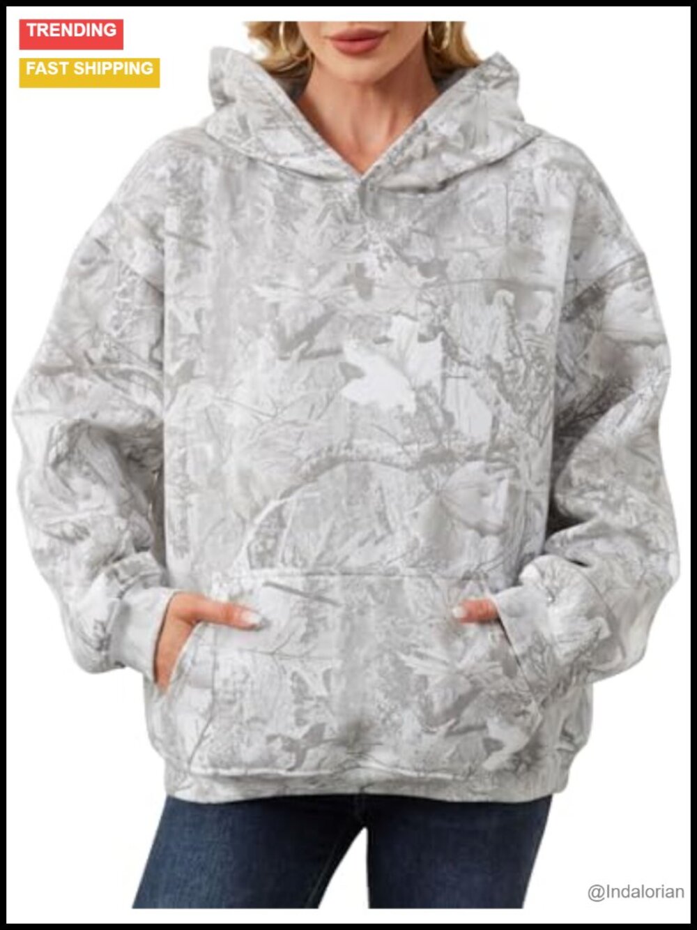 Oversized Camo Fleece Hoodie Maple Leaf Print Pullover Sweatshirt